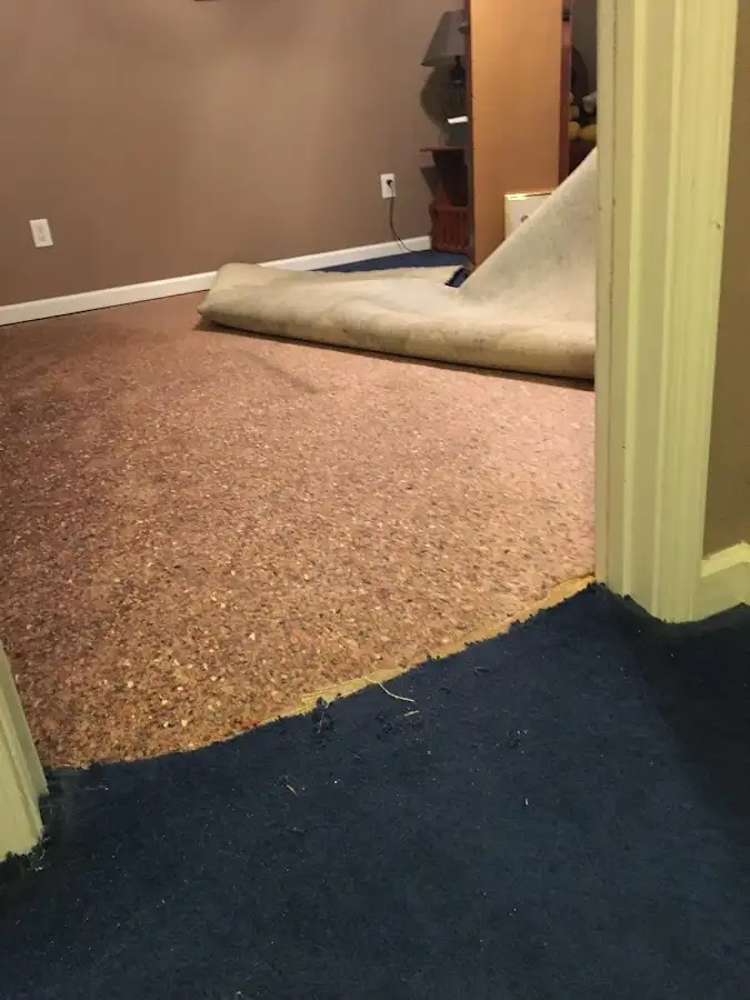 Carpet pad removal revealing water damage during Water Mitigation Services in Port Lavaca